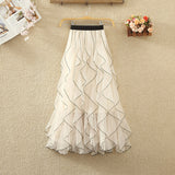 Wave-Print Yarn Skirt Women's Summer New High-Waisted Fairy Leaf Side Skirt In The Long A-Shaped Skirt Dress
