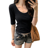 Premium Non-Bumbling Purple U-Necked Mid-Sleeved T-Shirt Women's Summer 2025 New Super-Look Unique Beautiful Small Top
