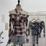 Heavy Industry Hanging Neck Long Sleeve Top Women's Autumn Dress Screen Printing Folds Repair Word Shoulder Bottom T-Shirt 8060