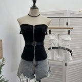 Real Shooting Hottie Zipper Open Shirt Bra Vest Female Feel Slightly Through The Repair Of The Short Sleeveless Top With Belt 6172