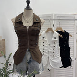 Vintage Metal Double Buckle Elastic Repair Waist Zipper Shirt Over-Necked Short Vest Vest 6295