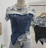 Stylish Denim Splicing Dizzy Mesh Yarn Short-Sleeved T-Shirt Girl Summer Body Short Small Blouse 26171