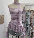Real Shooting Spice Girls Irregular Lotus Leaf Side Ribbon With Non-Slip Strip Mesh Printing Chest Vest 8037