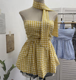 Real Shooting A Variety Of Wearing Striped With Bows Hanging Neck Bra Vest With Chest Cushion Lattice Sleeveless Short Top 9227