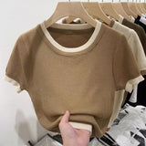 2025 Summer Korean Version Of Knitted Shirt Short Sleeve New Round Collar Bumpy Color Slim Top Women's Style Bottom Shirt