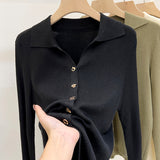Designing A Small-Sized Collar Long-Sleeved Knitted Shirt Women 2026 Spring And Autumn Pure Color Shirt Bottom Sweater
