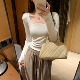 Korean Folded Waist Collar Long-Sleeved T-Shirt Women Commute Early Autumn New Unique Beautiful Short Top