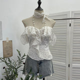 With Chest Pad A Word Shoulder Wave Point Shirt Woman Xia Repair Lotus Leaf Side Short Shirt Repair Body 6162