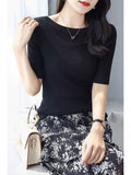 High-Grade Black Shoulder Round-Neck Short-Sleeved Knitted Shirt Women's New 2026 Summer Shoulder Ice Refresher Bottom Top