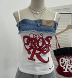 Design-Sensitive Edge Denim Spliced Letter Embroidered Sling Sling Vest T-Girls Short Top 23098