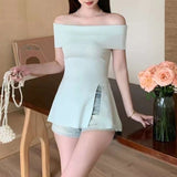 2026 Summer New Korean High-End Pure Wind Paper People Open A Word Shoulder Knitted Shirt Top