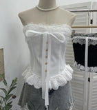 Court Style Lace Lace With Bow With Breast Pads With Bra Vest Short Strap Back Coat 2817