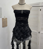 Real-Shooting Gothic Lace Tective Sexy Sleeveless Top Irregular Ribbon Decor Punk Wrap Chest Vest 1189