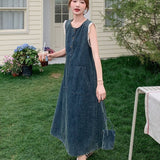 Korean Chic Lace Splicing Sleeveless Dress 2026 Summer Thin Temperament Fashion Retro Denim Dress Dress