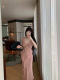 Pure Lust Style Lace Splicing Dress Girl Summer Hottie Long Dress Waist Sexy Lotus Leaves Side Of The Hip Fishtail Skirt