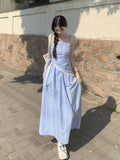Gentle Style Temperament Blue Lattice Slinged Skirt Women's Summer New French High-End Waist Dress