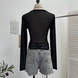 Small Personality Camouflage Mesh Spliced Long-Sleeved T-Shirt Short Repair Cloth Woman 8107