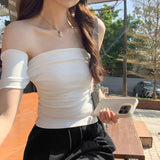 Korean Pure Sexy Hottie Shoulder-To-Shoulder Bra Short-Sleeved T-Shirt Girl 2025 Summer New Shoulder Repair Body