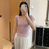 Qaqi Thin Large U-Neck Shoulder Short-Sleeved T-Shirt Women 2025 Summer New Pure Loose-In-Sensitive Top