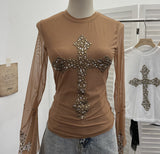 Real Shooting Heavy Industry Design Sense Cross Rivet Water Drill Waste Soil Horn Sleeve Double Mesh Yarn Trinket 2706