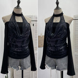 Real Shooting Hottie Letter Print Mesh Collar Splicing Neck One-Word Shoulder Long-Sleeved T-Shirt Short Top 2780