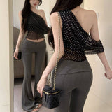 Sexy Retro Pure Style Dot Print Mesh Collared Shoulder Vest Design Irregular Waist Top Lady