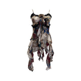 Real Shoot Hottie Design Lace Splicing Dizzy Oil Painting Irregular Ribbon Sleeve Sleeveless Top 1208