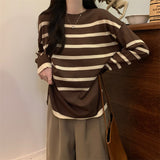 Autumn And Winter Lazy Wind Stripe Round Collar Blouse Korean Chic Chic Age Reduction Long-Sleeved Loose Knitted Shirt Woman