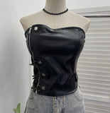 Real Shot PU Leather Wrap Chest Blouse Rock Locomotive Punk With Chest Cushion Heavy Metal Buckle Corset 2782