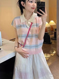 Collider Striped Polo Shirt Over Small Flying Sleeve Knitted T-Shirt Women's Summer Design Sense Age-Supling Embroidery Loose Top