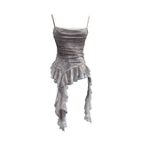 Design-Sensitive Irregular Lace Splicing Hem With Lotus Slings With Lotus Slings Waist Yarn Top 8020