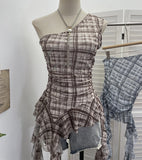 Real Shooting Retro Lattice Hot Diamond Slant Shoulder Vest Summer Irregular Net Yarn Side Hottie Sleeveless Top 8157