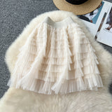 Hepburn Style Simple Solid Color Mesh Dress High Waist Tight Thin Design Careful Hot Girl Cake Skirt
