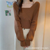 Design Sense V-Neck Fake Two Short Knitted Shirt Girls Beware Of The Machine Collar Bone Thick Sweater Long-Sleeved Top