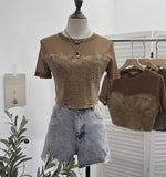 2025 Summer Denim Splicing Mesh Yarn Short-Sleeved T-Shirt Design Fake Two Hot Girl Short Top 26231