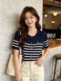 Korean Embroidered Striped Short-Sleeved Knitted Cardigan Women 6 Summer Fat Mm Thin Age-Dated Bottom Shirt Top