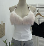 Real Shot Hair Splicing Hanging Neck Sling Vest Sexy Low Chest Bare Back Short Sleeveless Top 2802