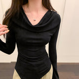 Design Sense Of Niche Folds Irregularly Collar Long-Sleeved T-Shirt Women's Spring And Autumn 2025 New Bottoming Shirt Repair Body