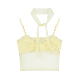 Dopamine Yellow Lace Sling Vest Women Wear Summer Tective Taut Mesh Hanging Neck Top