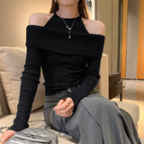 Design Sense Unique Fake Two-Word Shoulder-To-Shoulder Long-Sleeved Knitted Shirt Woman 2025 Autumn New Single Wear Small Top