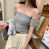 Korean Pure Sexy Hottie Shoulder-To-Shoulder Bra Short-Sleeved T-Shirt Girl 2025 Summer New Shoulder Repair Body