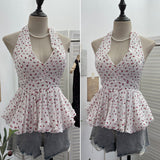 Real Shot Of Broken Flower Hanging Neck Strap Sling Sling Vest Hot Girl Low Breast With Chest Pad To Close The Waist-Lup Doll Shirt 9253