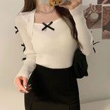 Sweet Three-Dimensional Bow Bow Collar Long-Sleeved Knitted Shirt Women Autumn New Design Sense Of Beauty To Put On The Top