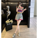 Dopamine Casual Sports Suit Women's Summer Blast Street Small Rainbow Blouse Denim Shorts Two-Sleeve