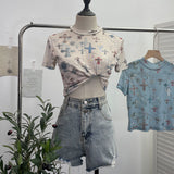Real Shooting Retro Tie-Dye Double-Layer Mesh Half-High-Neck Short-Sleeved T-Shirt T-Shirt Short-Sleeved T-Shirted Woman 8833