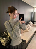Design-Sensitive Gray Half-Necked Long-Sleeved T-Shirt Blouse Women's Spring 2026 New Korean Linen Shirt