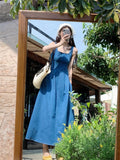 Blue Sleeveless Cowboy Sling Dress Women's Spring And Summer New Square Neck-Upid Thin French Temperament Long Dress