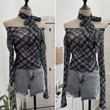 Real-Patting Mesh Lattice Letter Print Word Collar Shoulder Long-Sleeved T-Shirt Y2k Ribbon Over The Spice Girl Blouse 8072