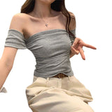 Korean Pure Sexy Hottie Shoulder-To-Shoulder Bra Short-Sleeved T-Shirt Girl 2025 Summer New Shoulder Repair Body