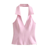 2025 Summer New Women's V-Neck Sexy Leak Back Hanging Neck Small Top Casing Trousers Set 2796777